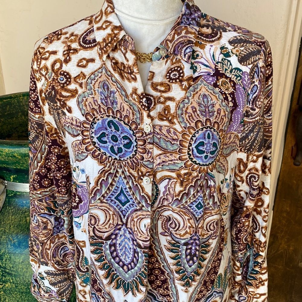 Chicos multi color long sleeve button front blouse size1